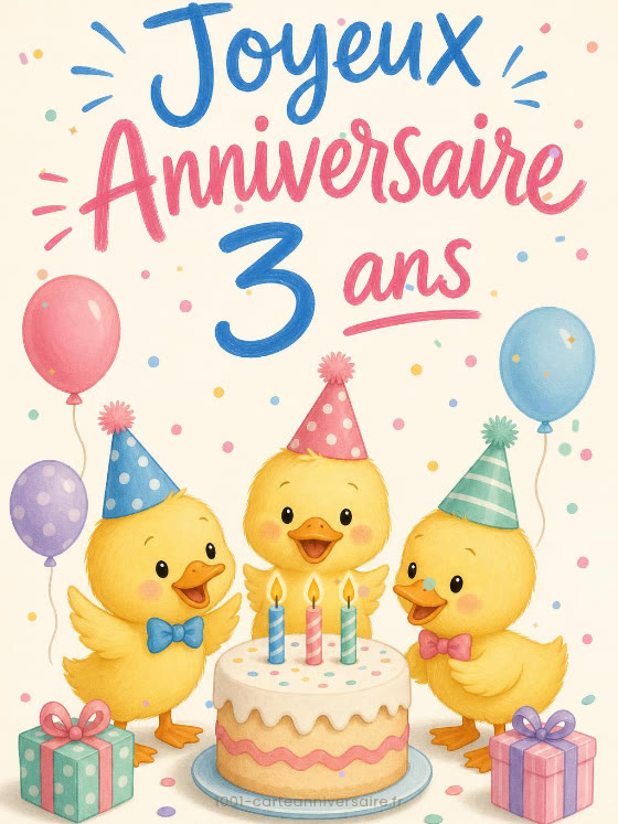 Image JPG : Carte anniversaire 3 ans animée : trois canetons à chapeaux de fête autour d'un gâteau à trois bougies