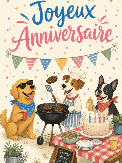 Carte anniversaire homme animée : trois chiens autour d'un barbecue, burgers sur le grill, fanions et gâteau sur la table de pique-nique