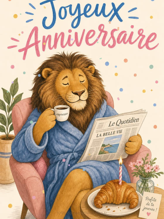 Image JPG : Carte anniversaire homme animée : lion en peignoir lisant son journal avec expresso et croissant à bougie d'anniversaire