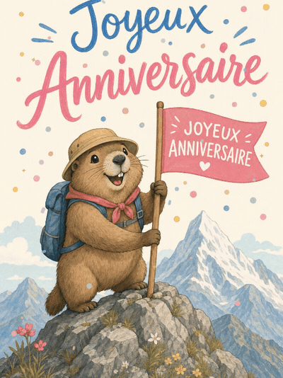 Carte anniversaire homme animée : marmotte randonneuse plantant un fanion Joyeux Anniversaire au sommet d'une montagne