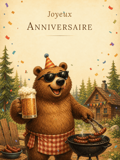 GIF animé : Carte anniversaire homme humoristique animée : un ours à lunettes de soleil et chapeau de fête fait griller des saucisses au barbecue, une bière à la patte