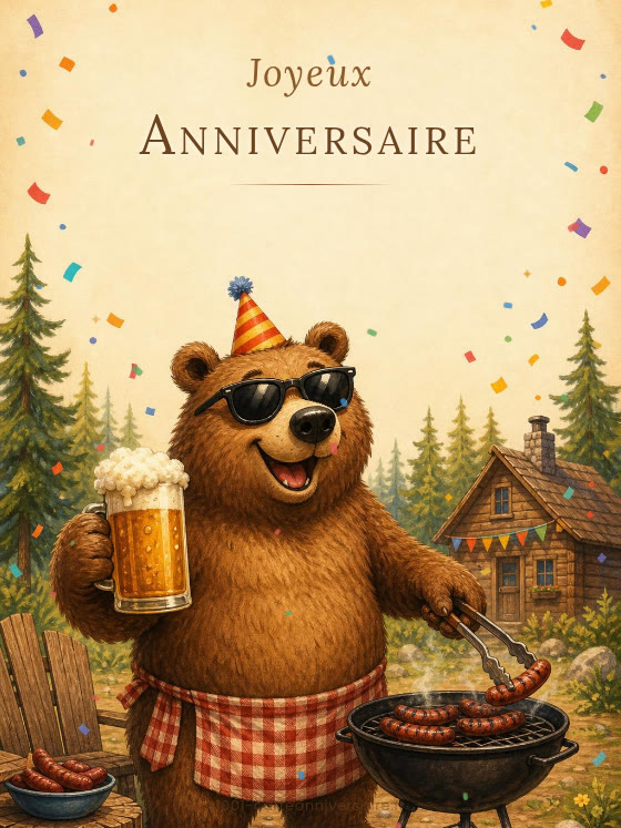 Image JPG : Carte anniversaire homme humoristique animée : un ours à lunettes de soleil et chapeau de fête fait griller des saucisses au barbecue, une bière à la patte