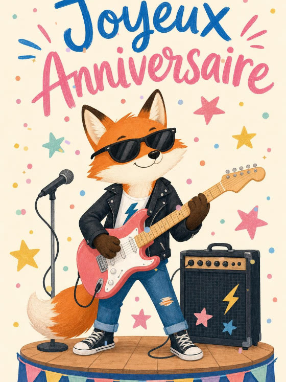 Image JPG : Carte anniversaire homme animée : renard à lunettes noires jouant de la guitare électrique rose sur scène avec ampli