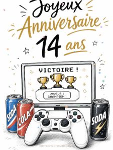 Carte anniversaire 14 ans : manette et écran de victoire