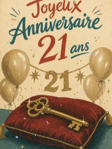 Carte anniversaire 21 ans animée : clés dorées et grande soirée