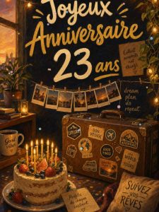 Carte anniversaire 23 ans animée : confettis et projets plein la tête