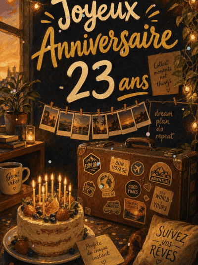 Carte anniversaire 23 ans animée : confettis et projets plein la tête