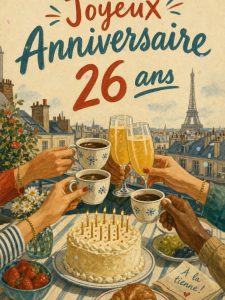 Carte anniversaire 26 ans animée : brunch, amis et bougies dorées