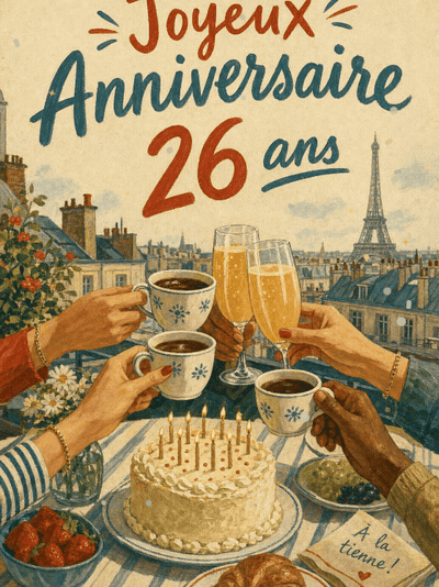 Carte anniversaire 26 ans animée : brunch, amis et bougies dorées