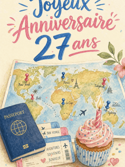 Carte anniversaire 27 ans animée : 27 bougies et cap sur les rêves