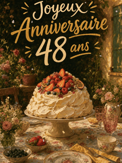 Carte anniversaire 48 ans animée : 48 ans et une table qui régale