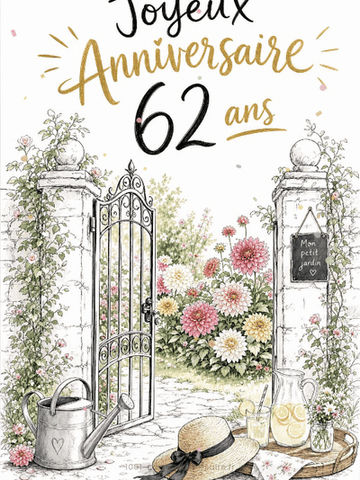 Carte anniversaire 62 ans animée : 62 ans, jardin secret en fleurs