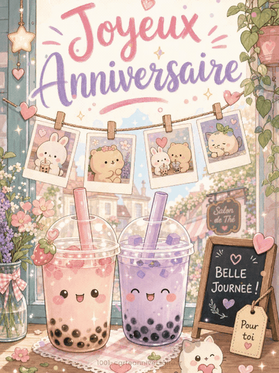 Carte anniversaire ado animée : bubble tea et potins du samedi