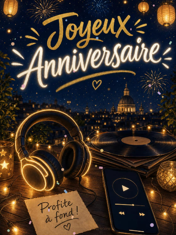 Image JPG : Carte anniversaire ado animée : playlist parfaite sous la lampe