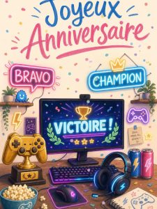 Carte anniversaire ado animée : victoire royale et manette dorée