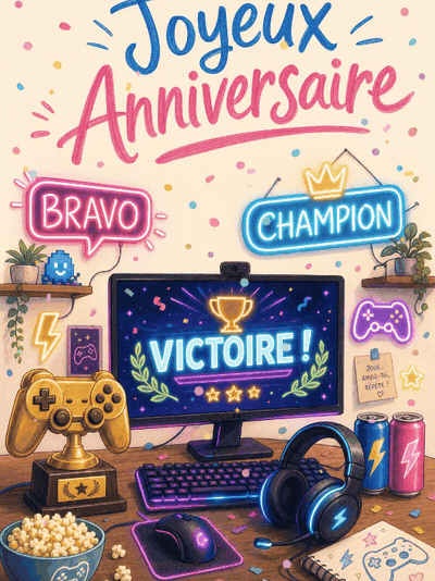Carte anniversaire ado animée : victoire royale et manette dorée
