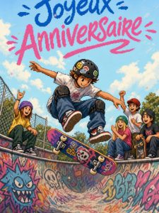 Carte anniversaire ado animée : session skate au bowl du quartier