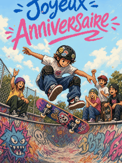Carte anniversaire ado animée : session skate au bowl du quartier