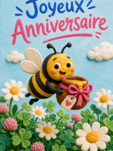 Carte anniversaire enfant animée : l'abeille et son grand pot de miel