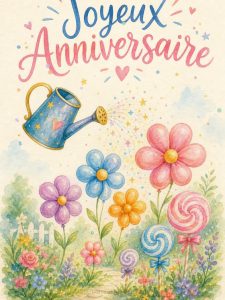 Carte anniversaire enfant animée : l'arrosoir magique de la fête