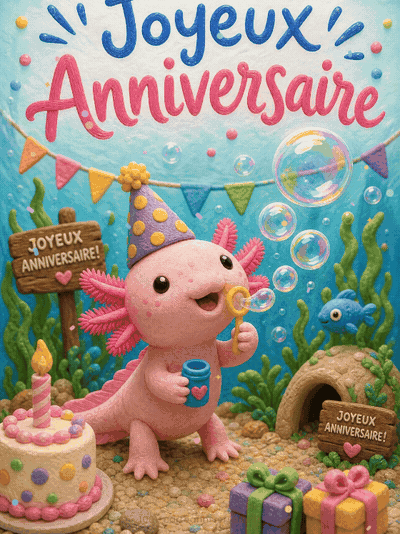 GIF animé : Carte anniversaire enfant animée : axolotl souriant et bulles magiques