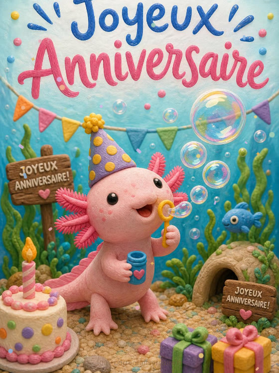 Image JPG : Carte anniversaire enfant animée : axolotl souriant et bulles magiques