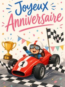 Carte anniversaire enfant animée : le bolide rouge de la course