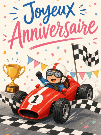 GIF animé : Carte anniversaire enfant animée : le bolide rouge de la course