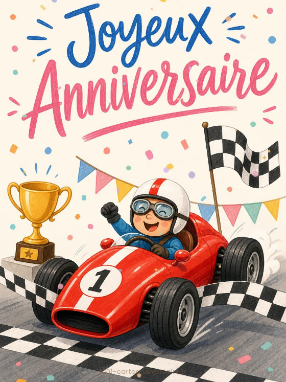 Image JPG : Carte anniversaire enfant animée : le bolide rouge de la course