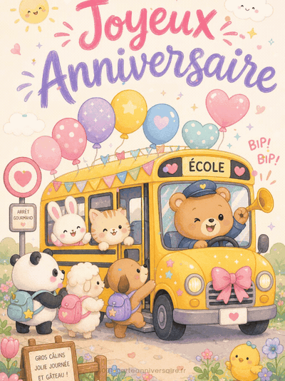 Carte anniversaire enfant animée : le bus de la fête fait sa tournée