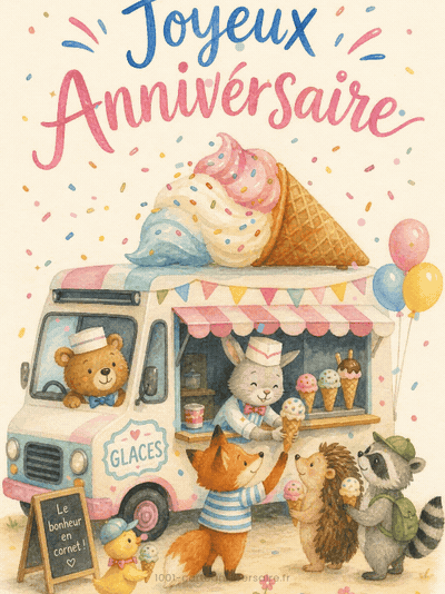 GIF animé : Carte anniversaire enfant animée : tournée géante du camion de glaces