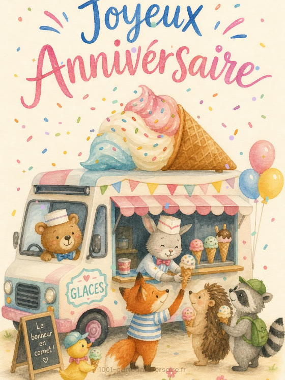 Image JPG : Carte anniversaire enfant animée : tournée géante du camion de glaces