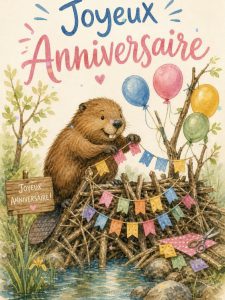 Carte anniversaire enfant animée : castor bricoleur en pleine fête