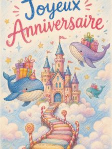 Carte anniversaire enfant animée : château perché sur les nuages