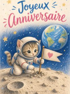 Carte anniversaire enfant animée : chaton astronaute sur la lune