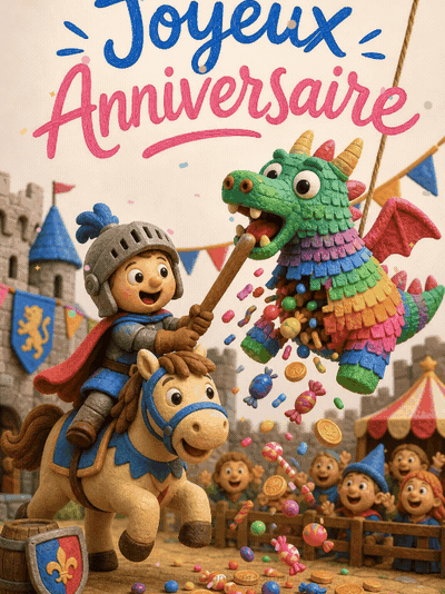 GIF animé : Carte anniversaire enfant animée : petit chevalier du grand tournoi