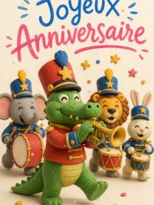 Carte anniversaire enfant animée : le crocodile chef de fanfare
