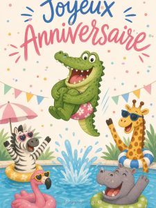 Carte anniversaire enfant : crocodile champion de plongeon