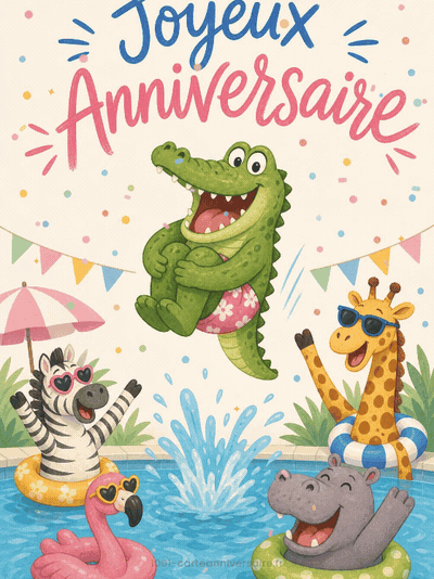 GIF animé : Carte anniversaire enfant animée : crocodile champion de plongeon
