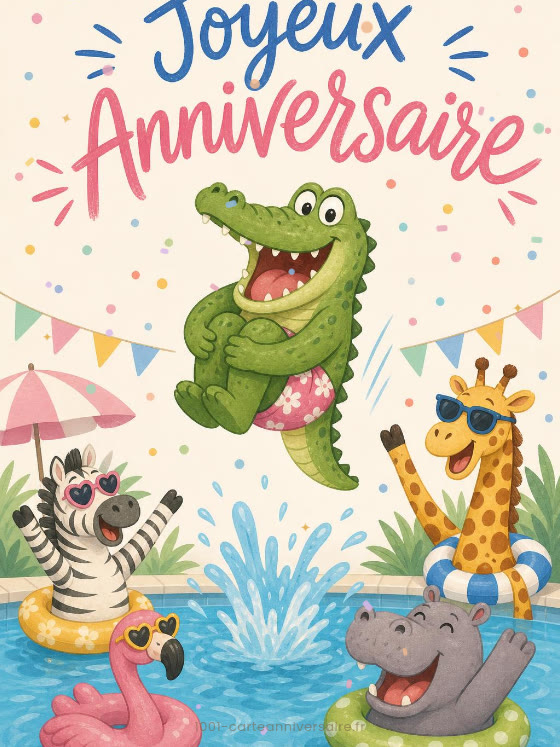 Image JPG : Carte anniversaire enfant animée : crocodile champion de plongeon