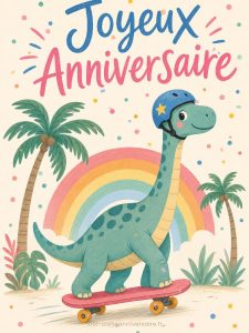 Carte anniversaire enfant animée : diplodocus rigolo en skateboard