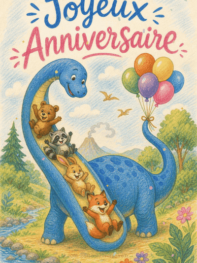 GIF animé : Carte anniversaire enfant animée : dinosaure rigolo sur le toboggan