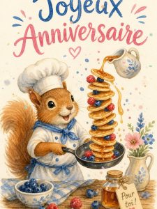 Carte anniversaire enfant animée : écureuil chef et pile de crêpes