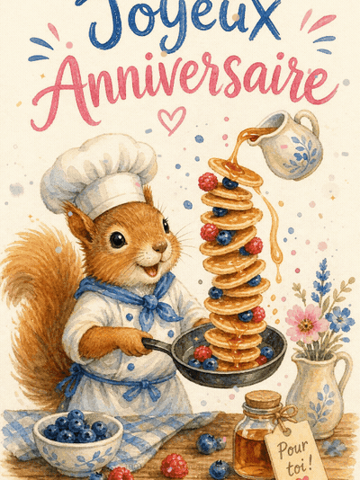 GIF animé : Carte anniversaire enfant animée : écureuil chef et pile de crêpes