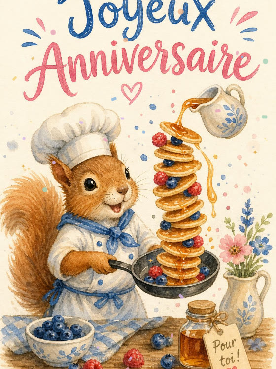 Image JPG : Carte anniversaire enfant animée : écureuil chef et pile de crêpes