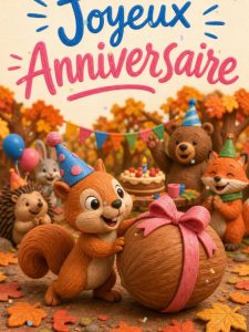 Carte anniversaire enfant animée : écureuil et la noisette géante