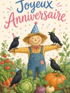 Carte anniversaire enfant animée : épouvantail rigolo du potager