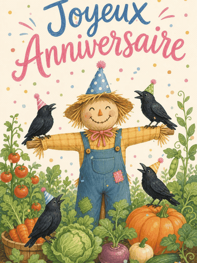 GIF animé : Carte anniversaire enfant animée : épouvantail rigolo du potager