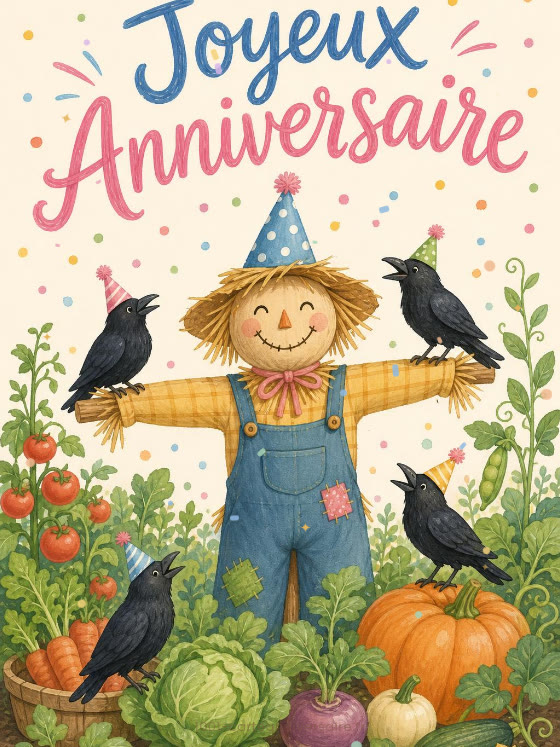 Image JPG : Carte anniversaire enfant animée : épouvantail rigolo du potager