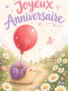 Carte anniversaire enfant animée : l'escargot au ballon rouge